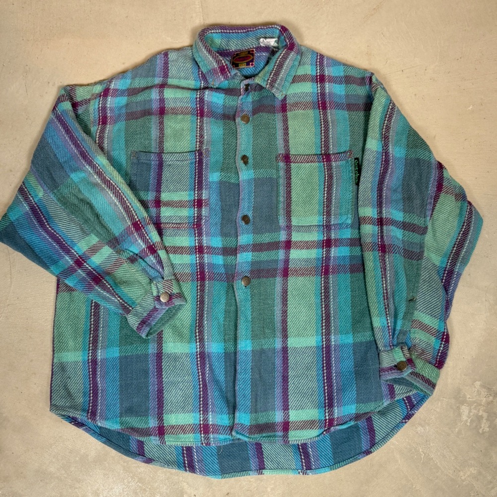 Vintage Gotcha Plaid Flannel Shirt Mens Large Turquoise Purple Cotton 90s Surf
